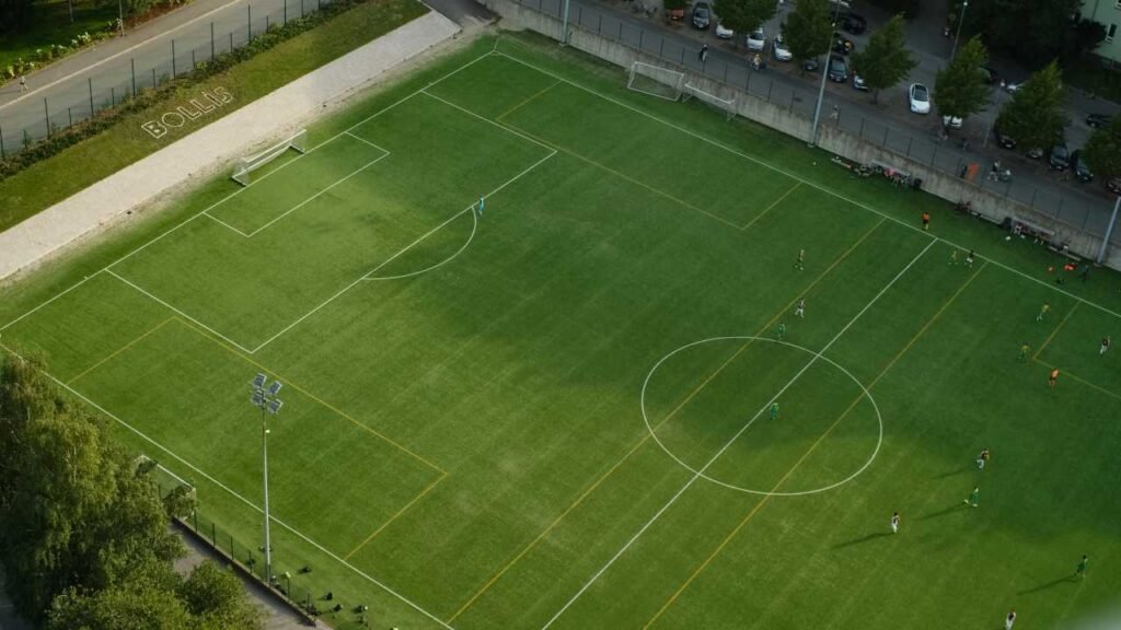 Vemos desde el aire un grupo de personas jugando en la cancha.